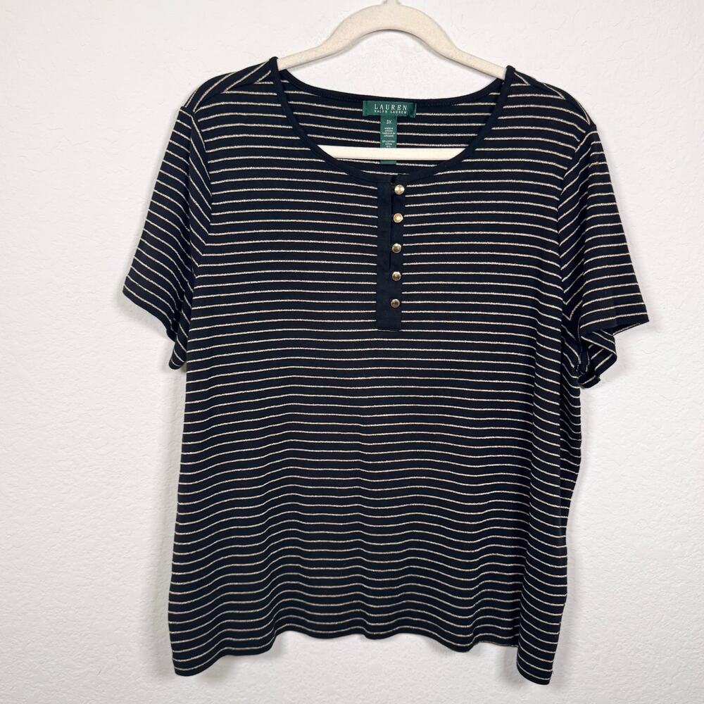 Lauren Ralph Lauren Women T Shirt Top Size 3X Striped Metallic Cotton Gold Black